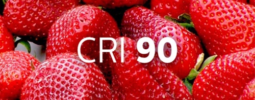 Cuenco de fresas que ilustra la intensidad del color al iluminarlo con un IRC de 90