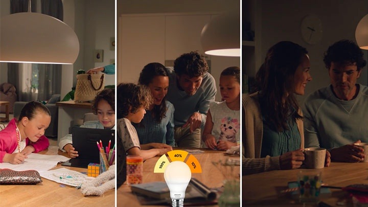 Los tres ambientes que se obtienen con las bombillas LED SceneSwitch de Philips, en una imagen